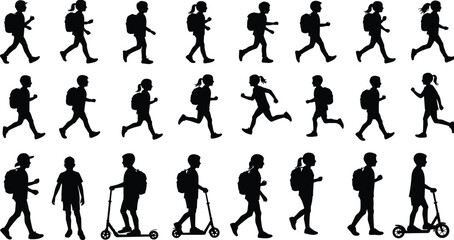Silhouette of children walking, running, riding scooters, back to school concept, vector kids with backpacks, student.eps