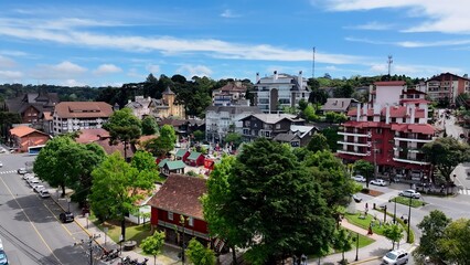 Landmark Square In Gramado Rio Grande Do Sul Brazil. Drone Capturing The Beauty Square In The Center Of City. Town Sky Clouds Backgrounds Urban. Town Panorama. Gramado Rio Grande do Sul.