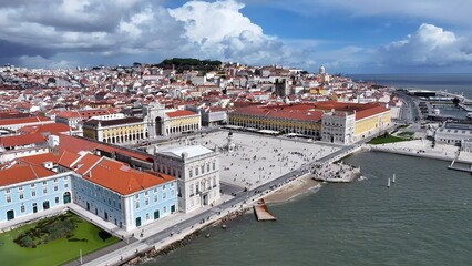 Lisbon Skyline In Lisbon Portugal. Beautifully Designed Park Adorned With Lush Greenery. Town Sky...