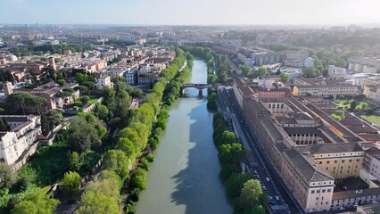 Sunset Tiber River In Rome Lazio Italy. Medieval Building In A Bustling City Viewed From Above....