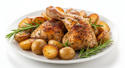 Hearty Roasted Chicken Legs with Baby Potatoes and Fresh Rosemary, White Background