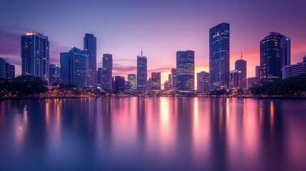 Obraz premium Vibrant city skyline reflecting in calm water at sunset.