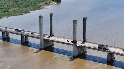 Cable Bridge In Porto Alegre Rio Grande Do Sul Brazil. Powerful Landscape Of The Vehicles In A...
