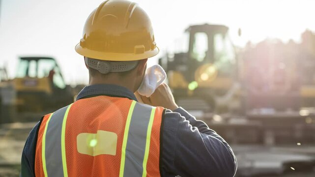 Heat stroke. Construction worker safety vest hard hat outdoor sunstroke,exhaustion,hot weather,heat summer,sun exposure,dehydration in high temperature and overheating, medical illness emergency