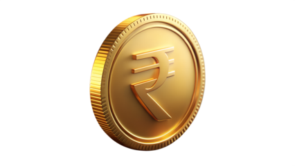 Photo of a single gold coin with the indian rupee symbol, isolated on transparent background, representing financial value and investment