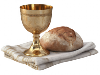 Ornate gold chalice and round loaf of bread on linen cloth communion Eucharist