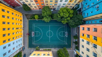 An aerial view reveals a vibrant teal basketball court nestled among colorful apartment buildings and lush green trees in an urban setting.