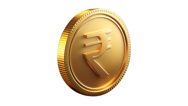 Photo of a single gold coin with the indian rupee symbol, isolated on transparent background, representing financial value and investment