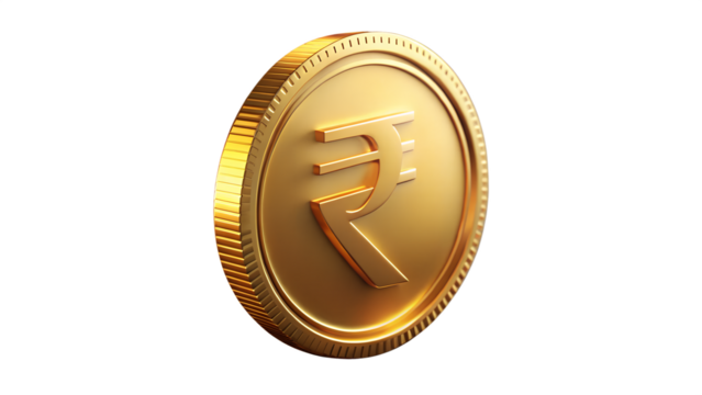 Photo of a single gold coin with the indian rupee symbol, isolated on transparent background, representing financial value and investment - Powered by Adobe