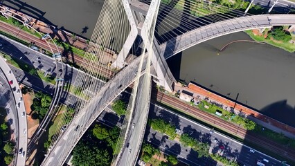 Estaiada Bridge In Cityscape Sao Paulo Brazil. Breathtaking Aerial View Of Time Lapse Drone Footage. Business Sky Downtown Cityscape. Business Panning Wide. Cityscape Sao Paulo.