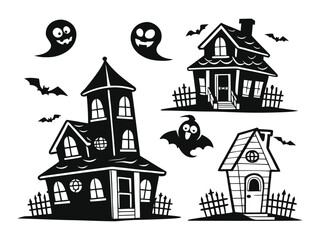 Spooky Halloween Houses and Bats Black Silhouettes.eps