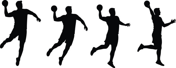 Silhouette of male athlete playing handball, dynamic pose in action, isolated on white background, sports concept, motion capture.eps