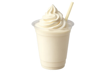 Creamy milkshake overflowing with whipped cream in transparent cup