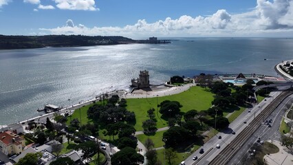 Belem Tower In Lisbon Portugal. Famous Botanical Garden Showing The Around The City. Business Sky Downtown Cityscape. Business Downtown Panorama. Lisbon Portugal.