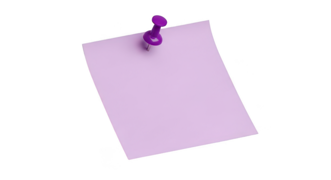 Pink sticky note with purple pin isolated on transparent background