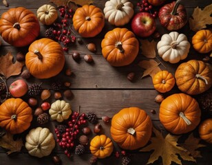 The abundance of the autumn harvest on a wooden table, flat lay