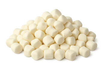 Pile of delicious white mini marshmallows on transparent background