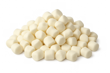 Pile of delicious white mini marshmallows on transparent background