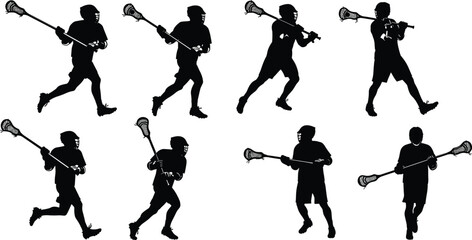 Silhouette of male lacrosse players running, holding sticks, playing sport, wearing helmets, isolated on white.eps