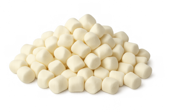 Pile of delicious white mini marshmallows on transparent background
