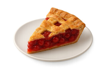 Delicious slice of cherry pie on white plate with transparent background