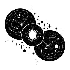 Celestial circles with constellations and sunburst silhouette