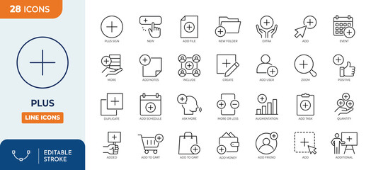 Plus line editable icon set. Containing add, more, new, copy, augmentation, positive, create, zoom and more. editable stroke. vector illustration