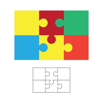 Jigsaw puzzle background, blank 2x3 puzzle template, colorful isolated on white, vector illustration.