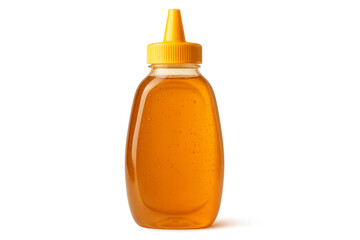 Honey bottle with yellow cap on transparent background