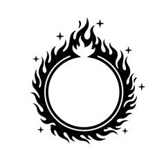 Circular frame surrounded by flames and stars art silhouette