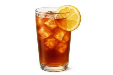Refreshing iced tea with lemon slice on transparent background