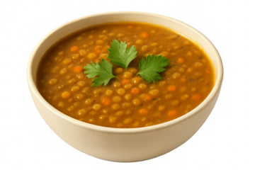 Steaming hot lentil soup garnished with fresh parsley in white bowl on transparent background