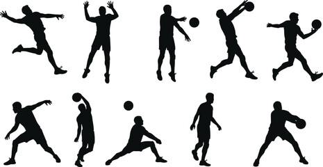 Silhouettes of basketball players, action poses, jumping, dribbling, shooting, passing, sports activity, athletic movement, team game, isolated white background, dynamic basketball moments..eps