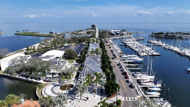 Saint Pete Pier In Saint Petersburg Florida United States. Breathtaking Aerial View Of A Lush Tropical Coastline Scenery. Business Sky Downtown Cityscape. Business Backgrounds Panorama.