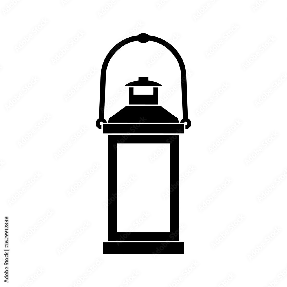 Poster a black and white illustration of a lantern with a handle and a rectangular body on a white backgrou