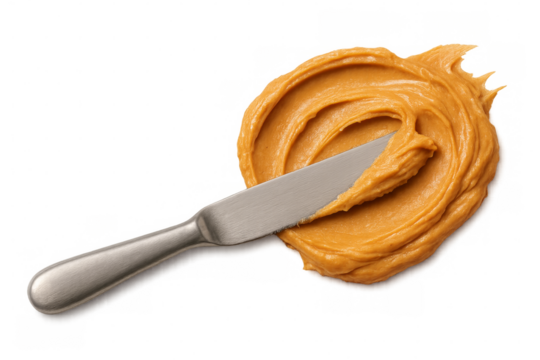 Creamy peanut butter with knife on transparent background