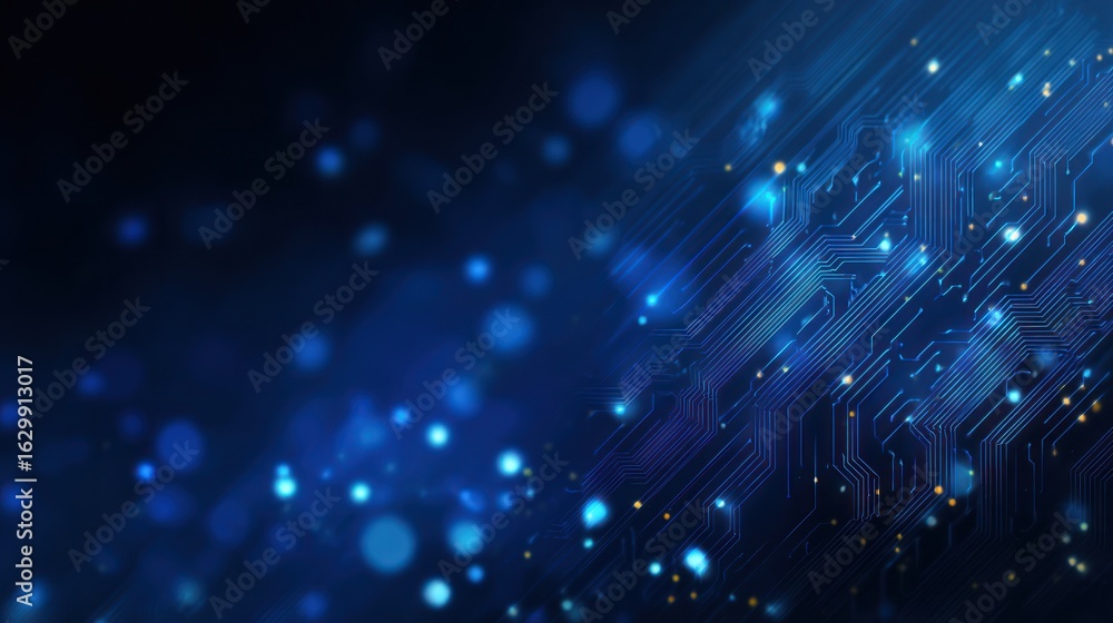 Poster abstract circuit board with bokeh on a dark blue background