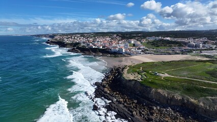 Coastal Village In Sintra District Of Lisbon Portugal. Aerial View Of Stunning Beach With Crystal Clear Waters. Coast Horizon Seaside Summertime. Coast Outdoors Panoramic. Sintra District of Lisbon.