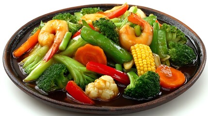 Sizzling Shrimp  Veggie StirFry with A Delicious  Healthy Meal on White Background.