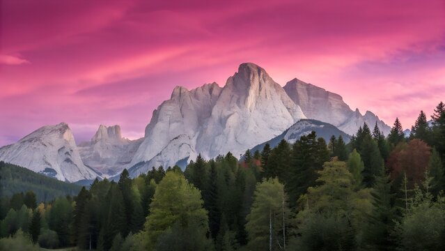 Towering mountains glow with the last light of day as a vibrant pink and purple sky blankets the serene forest below. - Powered by Adobe