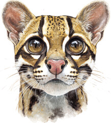 Obraz premium Close up portrait of a beautiful ocelot kitten with striking markings and large eyes