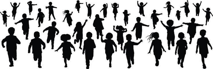 Silhouettes of children running forward, energetic kids group, childhood freedom, playful movement, outdoor fun, youth activity, black vector.eps