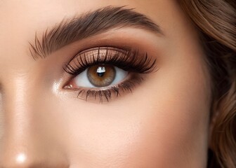 Soft brown eye with flawless lashes and glowing skin. Natural look with curled extensions and subtle shimmer. Celebrating elegant beauty for National Lash Day