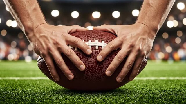 Player preparing to snap football on the field with stadium lights  