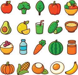 20 Healthy Food Icons - Cute Cartoon Vector Set