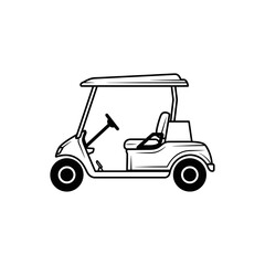 A black and white line drawing of a golf cart with a steering wheel and a single seat visible side view