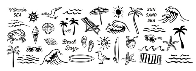 Hand-drawn beach-themed vector set with summer doodles like waves, palm trees, shells, crabs, sunglasses, and surfboards. Perfect for vacation designs, t-shirt prints, and tropical projects. © cddesign.co