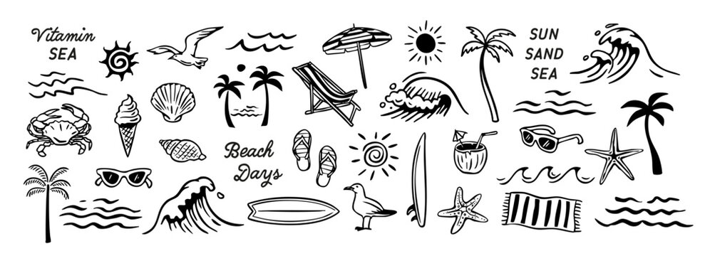Hand-drawn beach-themed vector set with summer doodles like waves, palm trees, shells, crabs, sunglasses, and surfboards. Perfect for vacation designs, t-shirt prints, and tropical projects.