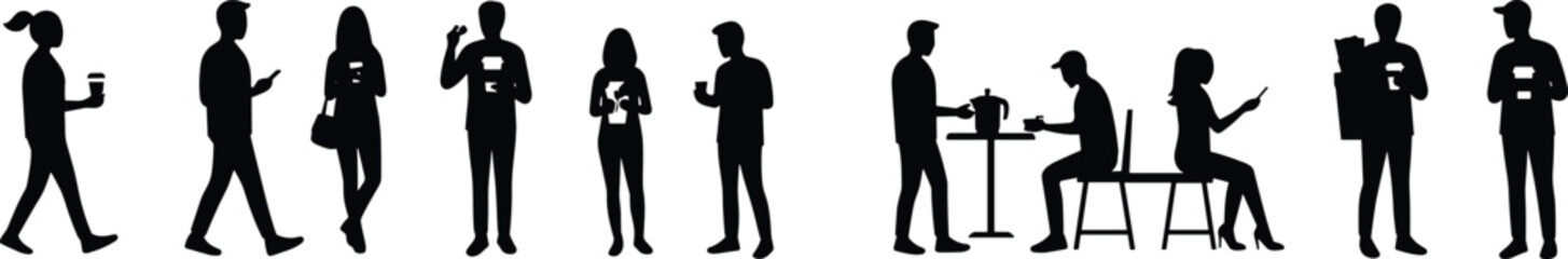 Silhouettes of diverse people walking, sitting, holding coffee cups, using smartphones, casual lifestyle, social interaction, urban scene, isolated white background, modern daily life..eps