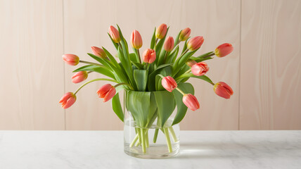 Coral pink tulips in clear glass vase flowers floral arrangement
